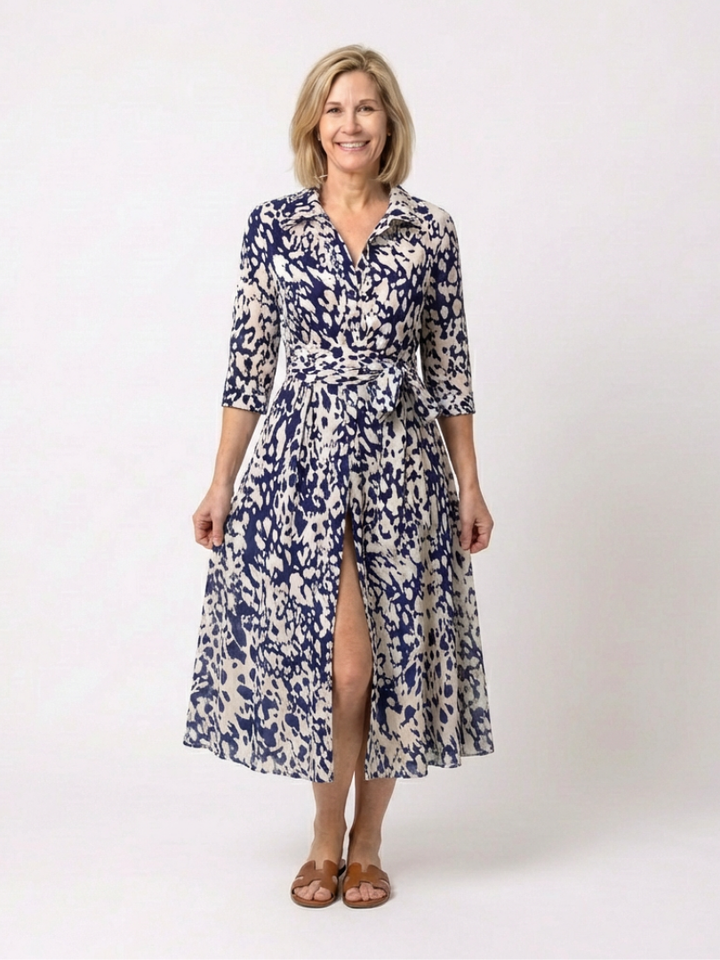 Oriana | Collared Long Sleeve Waist Tie Midi Dress