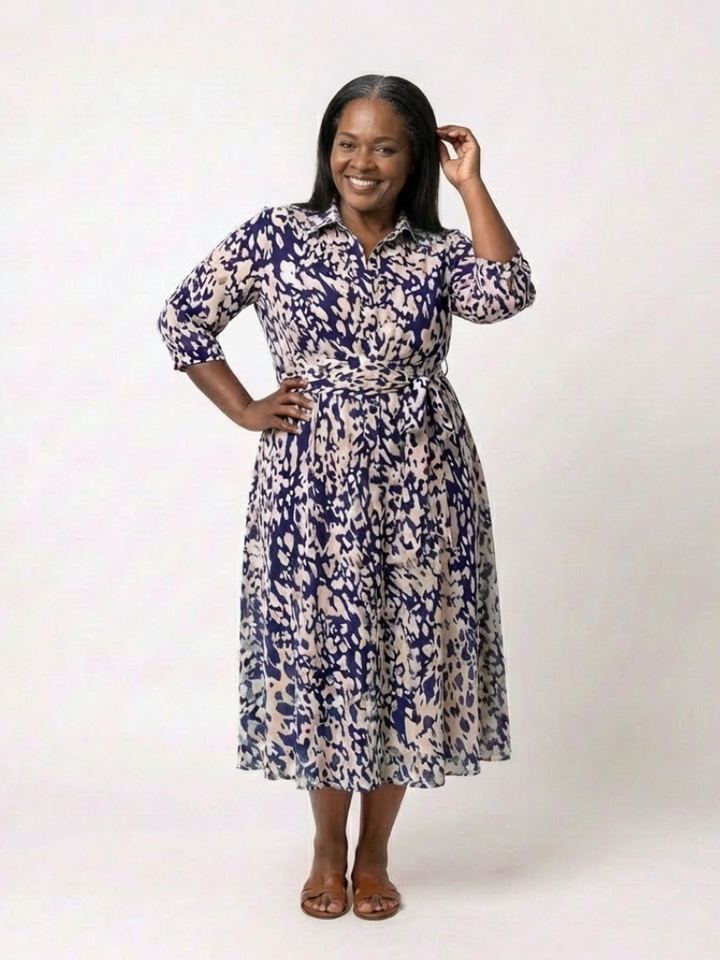 Oriana | Collared Long Sleeve Waist Tie Midi Dress