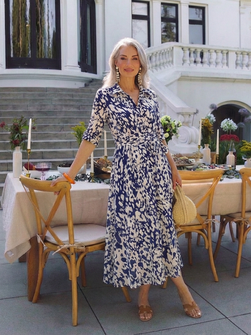 Oriana | Collared Long Sleeve Waist Tie Midi Dress