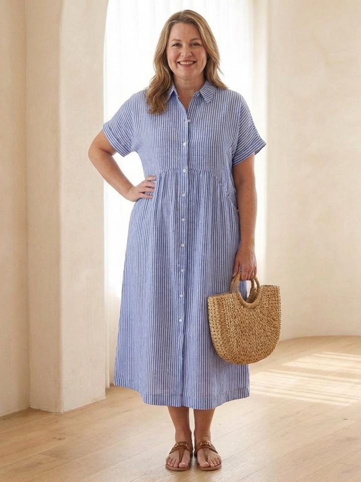 Linnea | Striped Button Front Short Sleeve Midi Dress