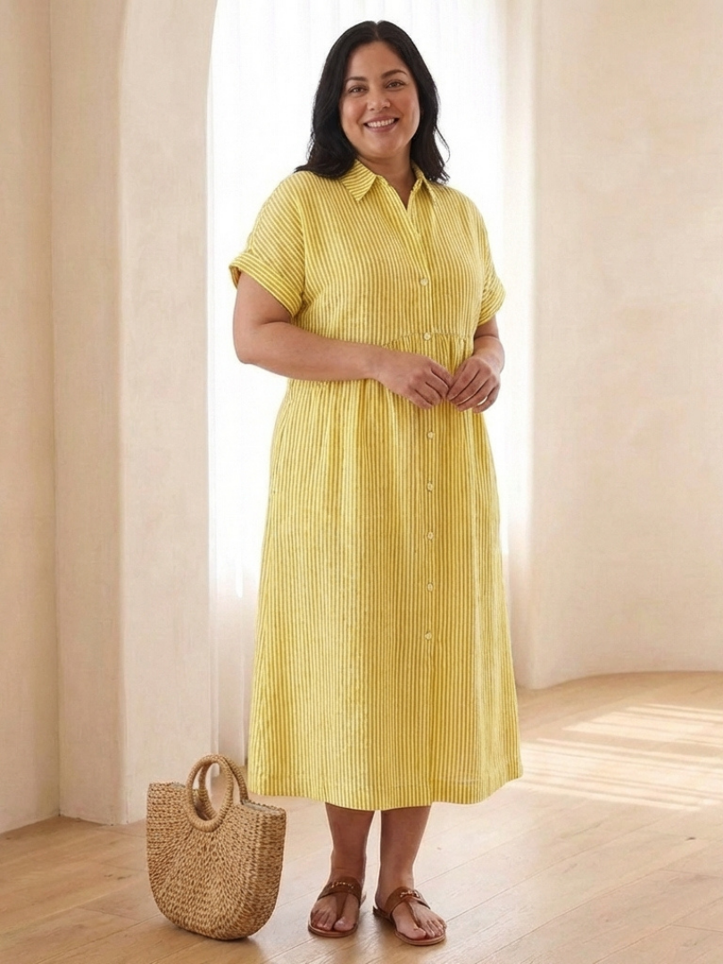 Linnea | Striped Button Front Short Sleeve Midi Dress