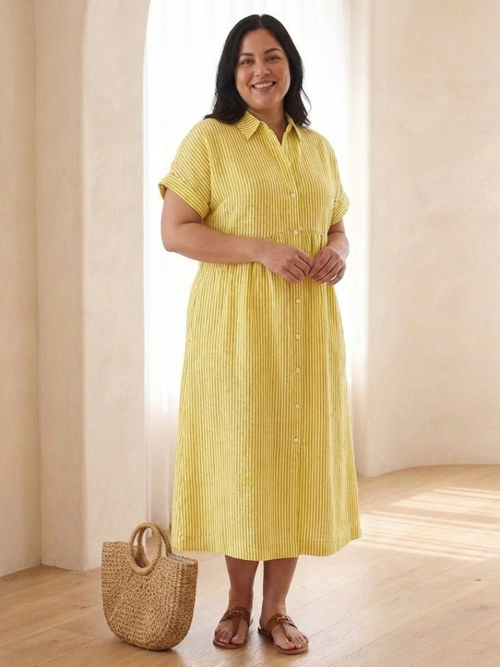 Linnea | Striped Button Front Short Sleeve Midi Dress