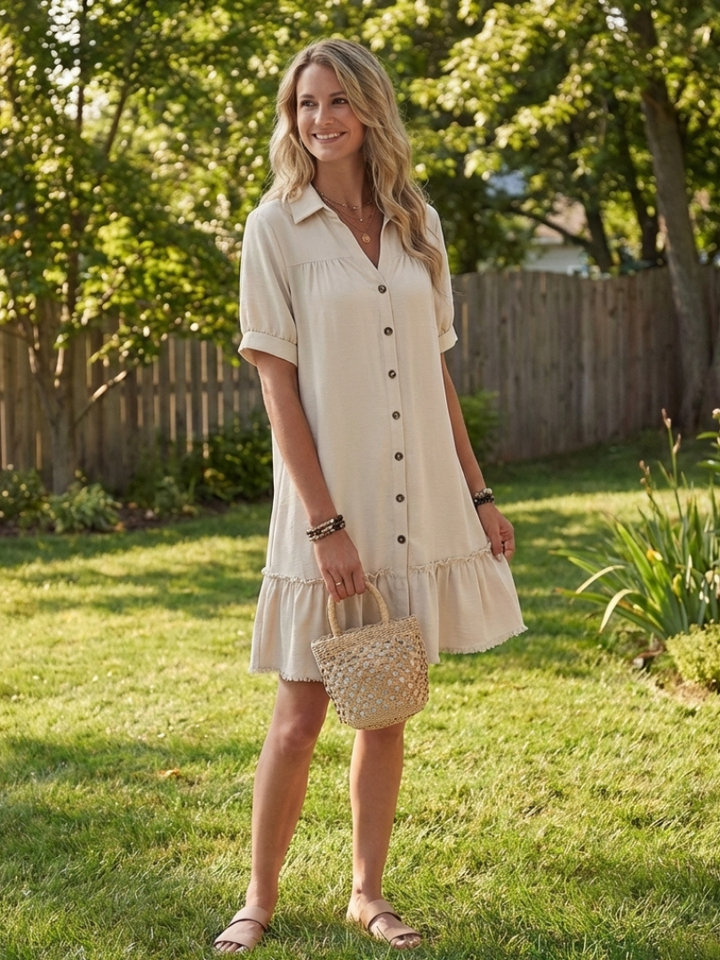 Sabine | Short Sleeve Button Front Ruffle Hem Dress