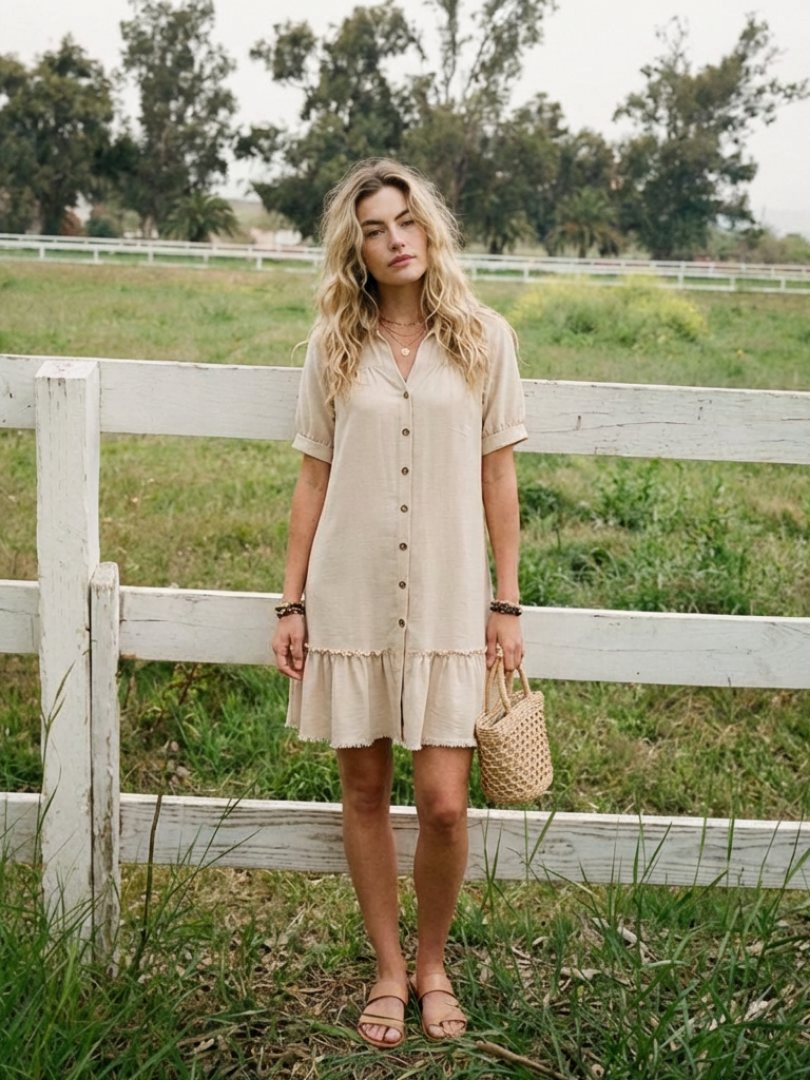 Sabine | Short Sleeve Button Front Ruffle Hem Dress