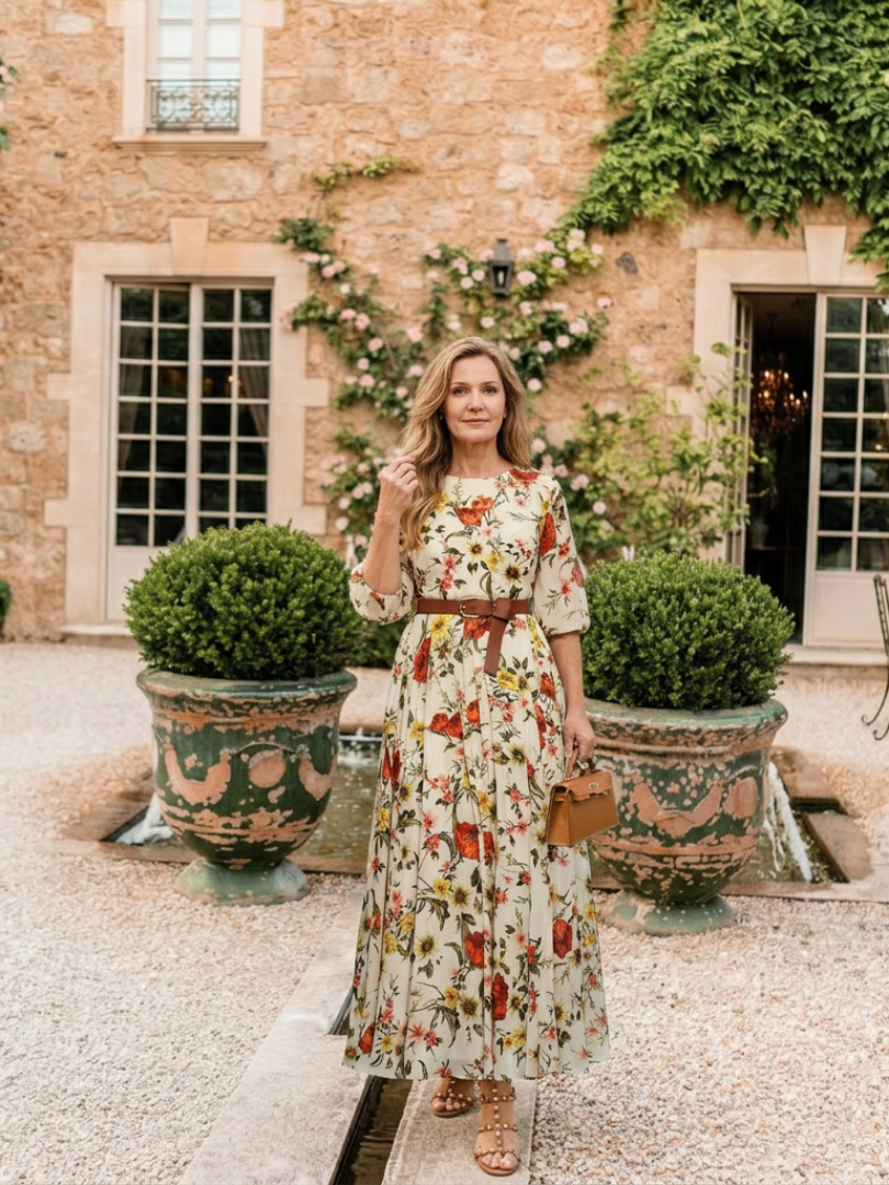 Odelia | Round Neck Three Quarter Sleeve Belted Maxi Dress