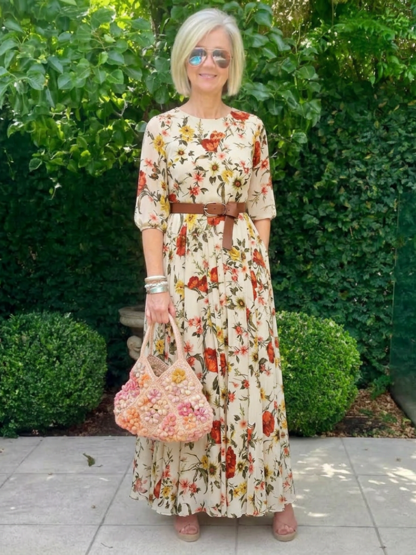 Odelia | Round Neck Three Quarter Sleeve Belted Maxi Dress