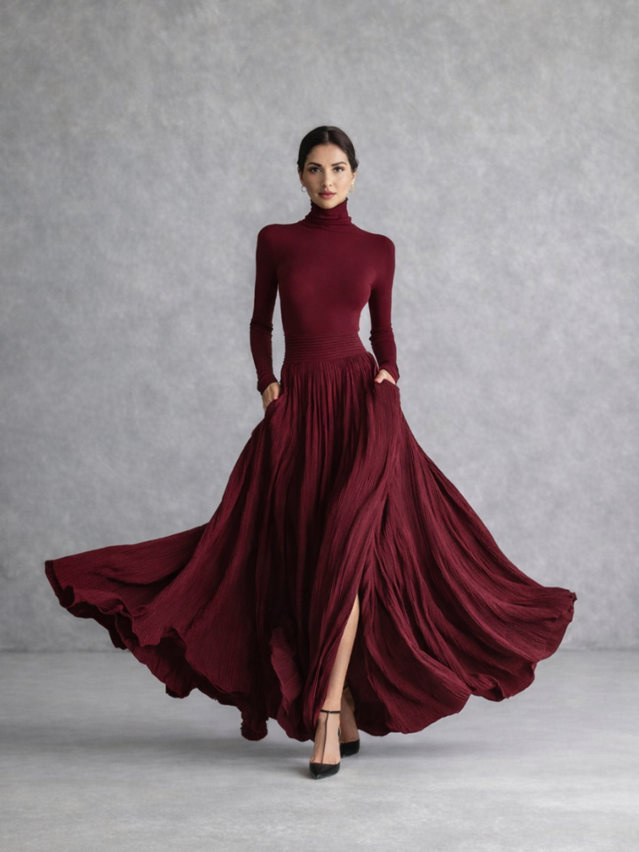 Isla | Pleated Full Skirt Turtleneck Maxi Dress