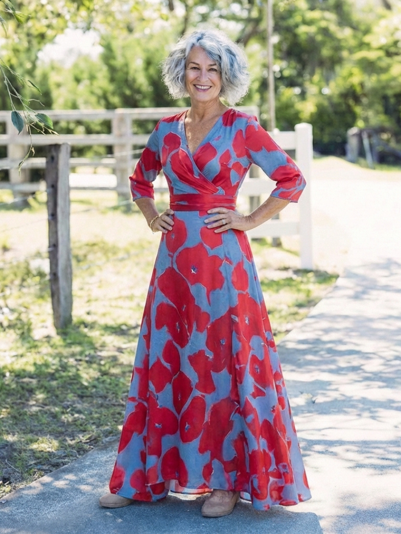 Danielle | Three Quarter Sleeve V Neck Floral Maxi Dress